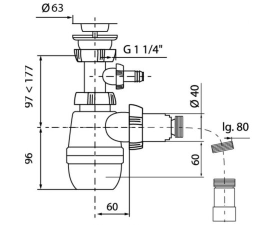 Сифон WIRQUIN МИНОР с выпуском 1 1/4х40 мм., с отводом для стиральной машины и гофротрубой, L 800 мм 30718052 – изображение 2