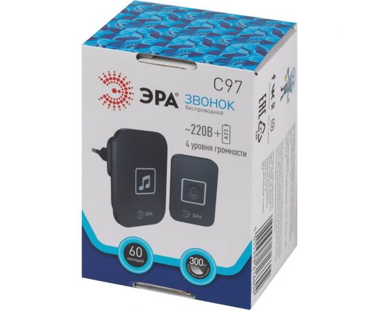 Дверной звонок ЭРА С97 беспроводной, от сети, черный, 60 мелодий Б0054086 – изображение 2
