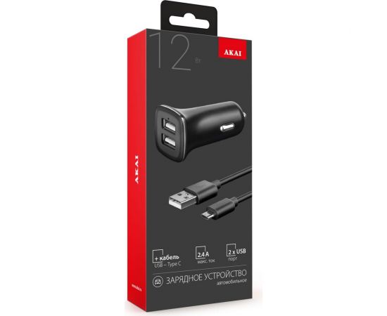 Универсальное автомобильное зарядное устройство AKAI 2хUSB, 2.4 A, черный, + кабель USB TypeC CH-6D07B – изображение 2
