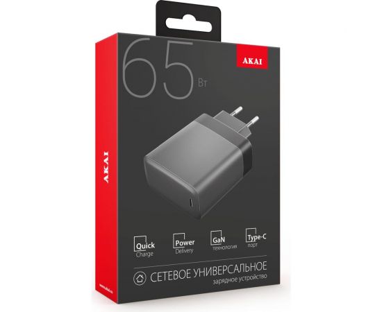 Универсальное сетевое зарядное устройство AKAI CH-6A15 GaN 1x Type C, 65 Вт CH-6A15B – изображение 3