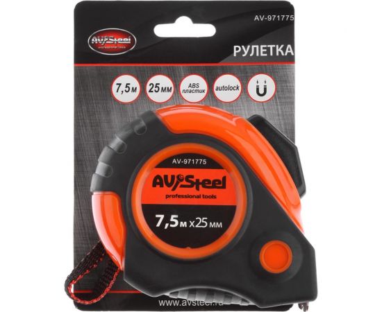 Рулетка, обрезиненный корпус 7.5мх25мм с автостопом AV Steel AV-971775 – изображение 5