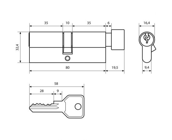 Цилиндровый механизм Стандарт BP (35x10x35 мм; 5 ключей; английский ключ; вертушка) 11116 – изображение 2