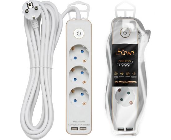 Удлинитель duwi с заз. с выкл. Supraguard, 3 розетки, 5 м, 3680 Вт, 16А, 3x1,5мм2, 2 USB, GOLD, 32067 8 