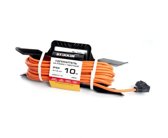 1-местный удлинитель-шнур на рамке STEKKER с заземлением HM05-01-10, 3х1,5мм2, 10м, 16А, Home, оранжевый 39631 