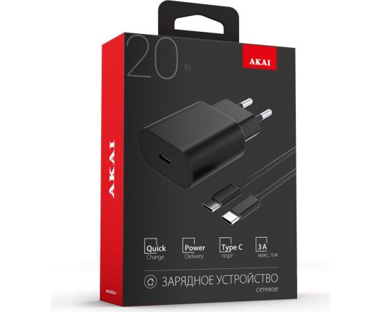 Универсальное сетевое зарядное устройство AKAI CH-6A12 1xType-C, PD 20Вт + кабель Type C - Type C 60Вт, черный CH-6A12B – изображение 2