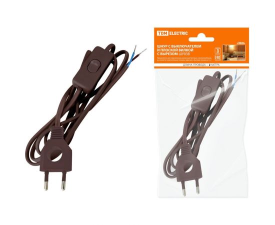 Шнур с выключателем и плоской вилкой TDM с вырезом ШУ03В ШВВП 2x0,75мм2 2 м. коричневый ЭКО SQ1305-0026 