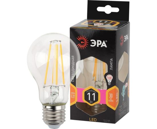 Светодиодная лампа ЭРА FLED, A60-11W-827-E27 филамент, груша, 11Вт, теплый, Е27 Б0035025 