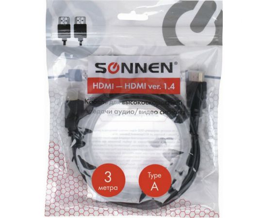 Кабель SONNEN HDMI AM-AM 3м для передачи цифрового аудио-видео, черный 513121 – изображение 3