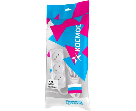 Удлинитель КОСМОС 6А 3 гнезда ПВС 2*0,75 7м Р16-010 Россия YKsm7m-3g 6A S 
