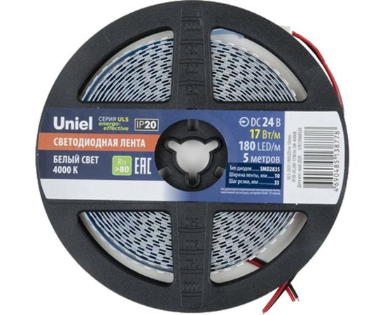 Светодиодная лента Uniel 180LED/m-10mm-IP20-DC24V-17W/m-5M-4000K катушка в герметичной упаковке UL-00007643 
