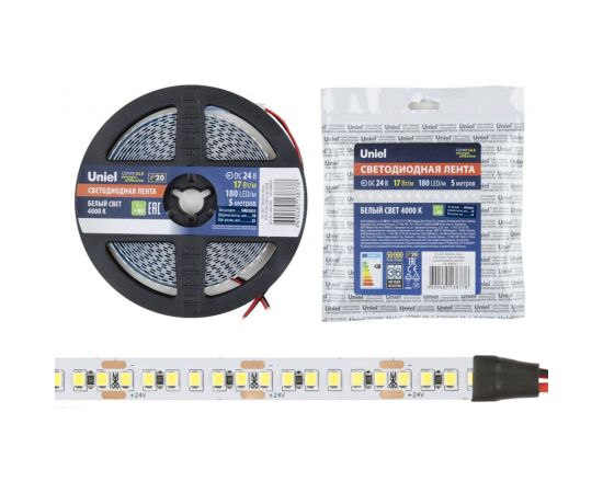 Светодиодная лента Uniel 180LED/m-10mm-IP20-DC24V-17W/m-5M-4000K катушка в герметичной упаковке UL-00007643 – изображение 2