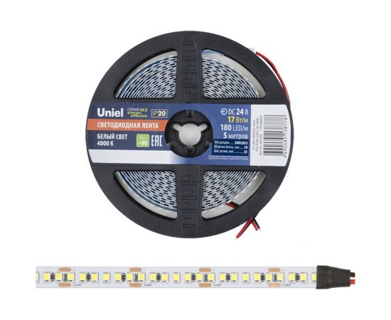 Светодиодная лента Uniel 180LED/m-10mm-IP20-DC24V-17W/m-5M-4000K катушка в герметичной упаковке UL-00007643 – изображение 3