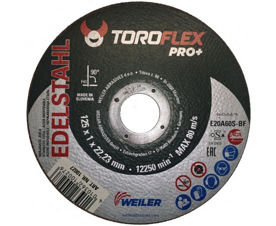 Круг отрезной по нержавеющей стали F41 125х1.0х22.23 мм, E20A60S-BF PRO+ TOROFLEX 4010362100276 