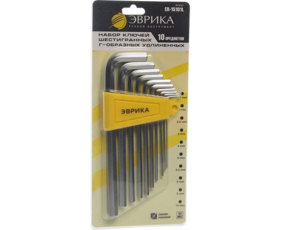 Набор шестигранных Г-образных удлиненных ключей 10 предметов ЭВРИКА ER-15101L 