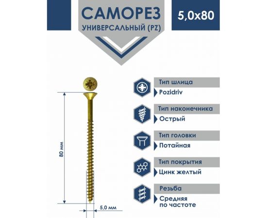 Универсальный саморез Daxmer PZ 5,0x80 острый желтый цинк 200 шт. 334812 – изображение 2
