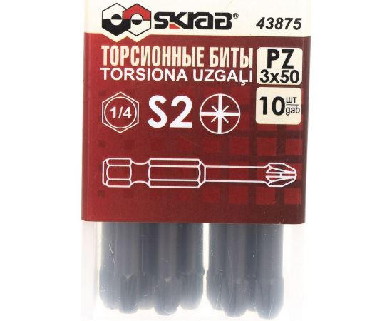 Биты торсионные 10 шт, РZ3х50 мм SKRAB 43875 