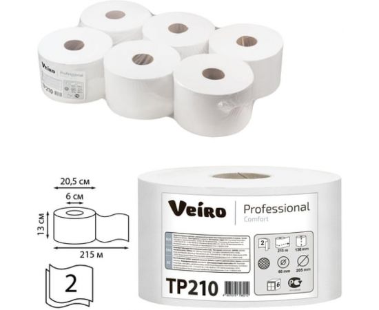Бумага туалетная VEIRO PROFESSIONAL Comfort с центральной вытяжкой 215 м, 6 шт, 2-х слойная TP210 127088 