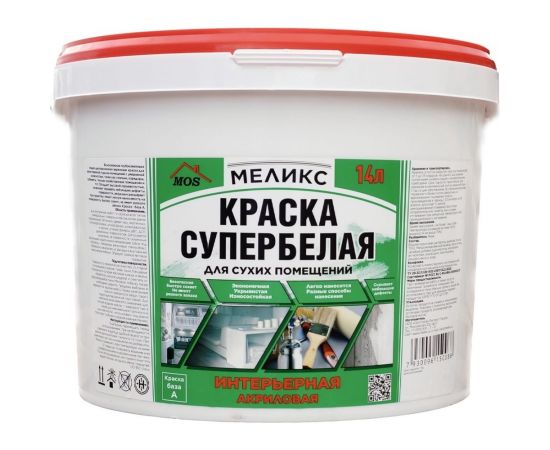 Супербелая акриловая интерьерная краска Меликс ""Для сухих помещений"", 14 кг. MOS-14КСИДСП01 