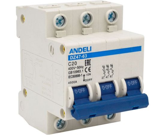 Автоматический выключатель ANDELI DZ47-63/3P 20A 4.5kA х-ка C ADL01-093 