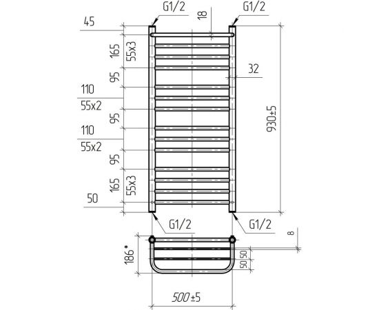 Водяной полотенцесушитель ТЕРА Богема с полкой 500x1000 ПСБ-30-09 – изображение 3