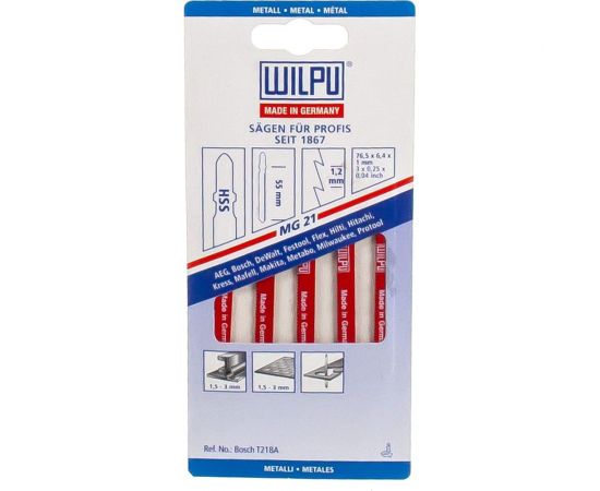 Пилка по металлу MG 21 (5 шт; 76.5х6.4х1 мм; 55 мм; 21 TPI; HSS) WILPU 256000005 