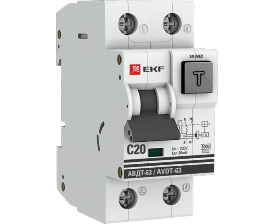 Дифференциальный автомат EKF PROxima АВДТ-63, 20А, 30мА, характеристика C, электро-механический, тип AC, 6кАDA63-20-30-AC 