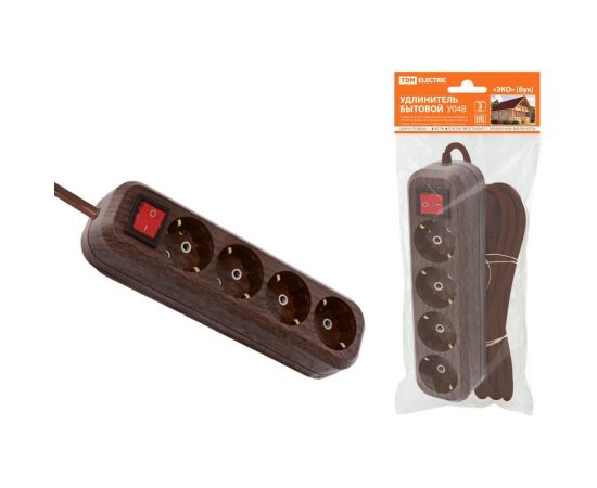 Бытовой удлинитель TDM У04В, 4 гнезда, 3метра, 2П+3, ПВС 3х1мм2 Эко бук 16А/250В SQ1303-3111 