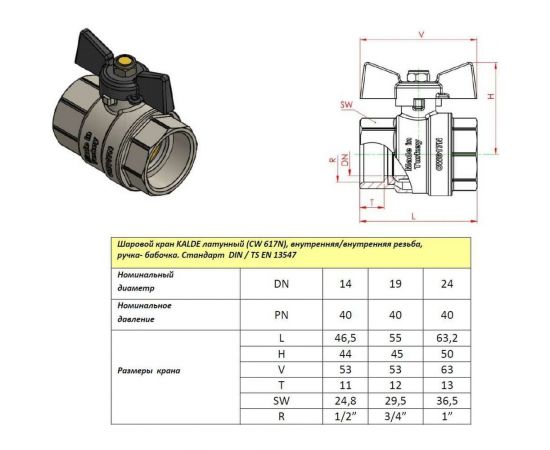 Шаровой кран KALDE полнопроходной, 1/2, вн/вн, ручка бабочка 0KV4816 – изображение 2