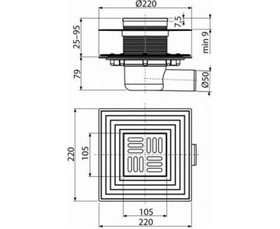 Трап Alca Plast регулирующий, горизонтальный выпуск, комбинированный затвор, Дн50 решетка нерж сталь, 105х105 мм APV1324 004-0795 – изображение 2