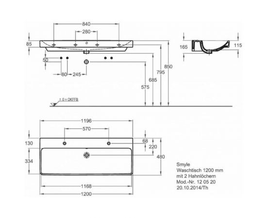 GEBERIT 500.253.01.1 Smyle Square Раковина 120х48 см, 2 отв. под смеситель 00000072634 – изображение 5