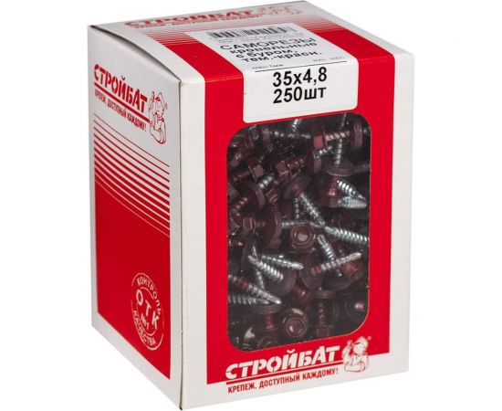 Кровельные саморезы с буром Стройбат 4,8x35 темно-красный 250 шт 115890 – изображение 2