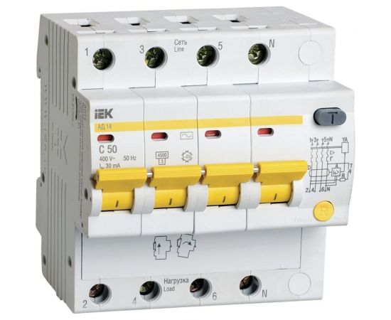 Автоматический дифференциальный выключатель тока IEK 4п 7.5мод. C 50A 30mA тип AC 4.5kA АД-14 ИЭК MAD10-4-050-C-030 