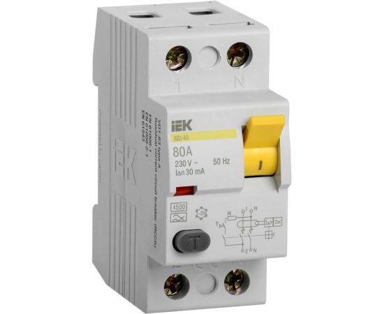 Дифференциальный выключатель IEK, УЗО, 2п, 80А, 30мА, ВД1-63, АС, MDV10-2-080-030 