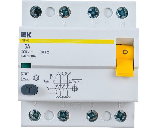 Выключатель дифференциального тока IEK 4п 16A 30mA тип AC ВД1-63 ИЭК MDV10-4-016-030 