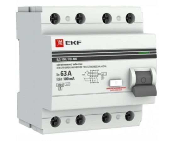 Устройство защитного отключения EKF, селективное, 4P, 63А/100мА, PROxima, SQ elcb-4-63-100S-em-pro 