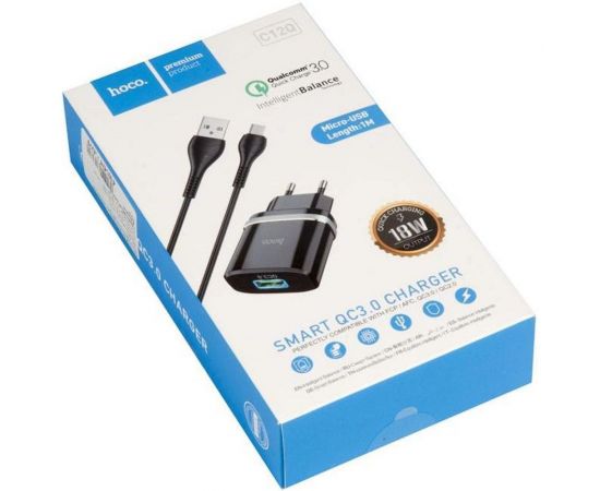 Зарядное устройство Hoco c12Q Smart QC3.0, кабель Micro USB, один порт USB, 5V, 3.0A, черный 819514 – изображение 3