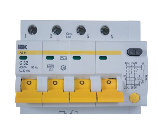 Дифавтомат АД-14 4п, ""C"", 32А, 30мА IEK MAD10-4-032-C-030 – изображение 4