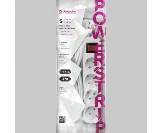 Удлинитель с заземлением Defender S430 Выключатель, 3.0 м, 4 розетки 99238 – изображение 9