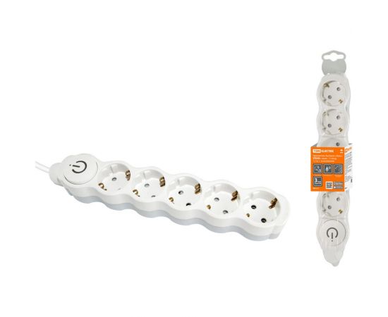 Бытовой удлинитель TDM Люкс УЛ05В выкл, 5 гнезд, 1,5м, ПВС 3х1мм2 16А/250В бело-серый SQ1303-0136 