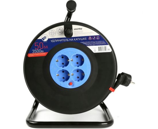Удлинитель на катушке Smartbuy 4 гнезда, 50м с заземлением и предохранителем ПВС 3х1,5 16А/3,5кВт SBE-16-4-50-Z 