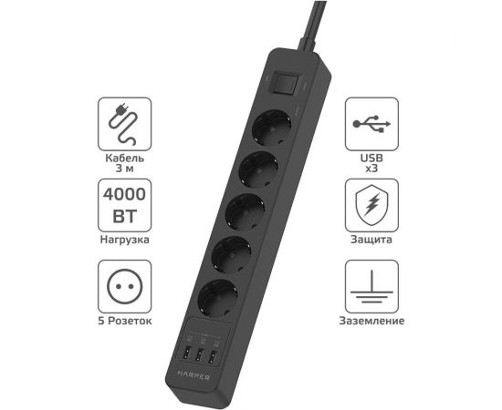 Удлинитель с USB зарядкой HARPER UCH-560 Black H00003013 – изображение 11