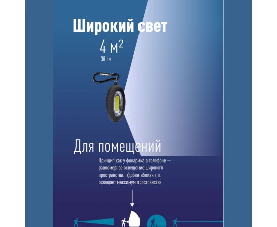Фонарь брелок КОСМОС 0,5Вт COBLED/2xCR2032 в комплектe/ABS-пластик c каучуковым напылением/магнит/карабин, KOC201B – изображение 2
