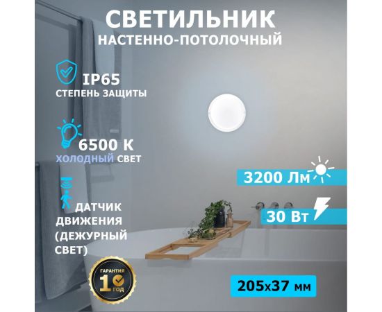 Светодиодный пылевлагозащищенный светильник REXANT ЖКХ-01 круг 30 Вт ip65 6500k 205 мм с датчиком движения и дежурным светом 607-287 – изображение 2