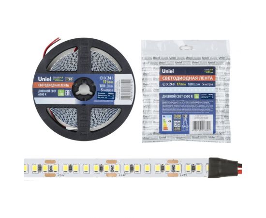 Светодиодная лента Uniel 180LED/m-10mm-IP20-DC24V-17W/m-5M-6500K катушка в герметичной упаковке UL-00007644 – изображение 2