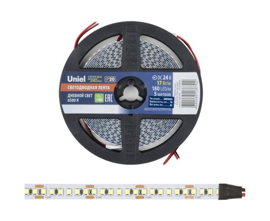 Светодиодная лента Uniel 180LED/m-10mm-IP20-DC24V-17W/m-5M-6500K катушка в герметичной упаковке UL-00007644 – изображение 3