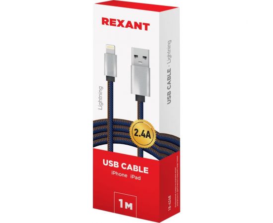 Кабель USB - Lightning REXANT 2.4 А, 1 м, для iPhone джинсовая оплетка 18-4248 – изображение 6