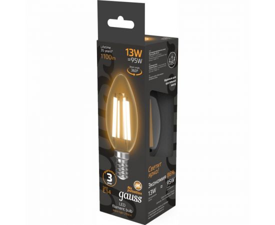 Лампа Gauss Filament Свеча 13W 1100lm 2700К Е14 LED 1/10/50 103801113 – изображение 4