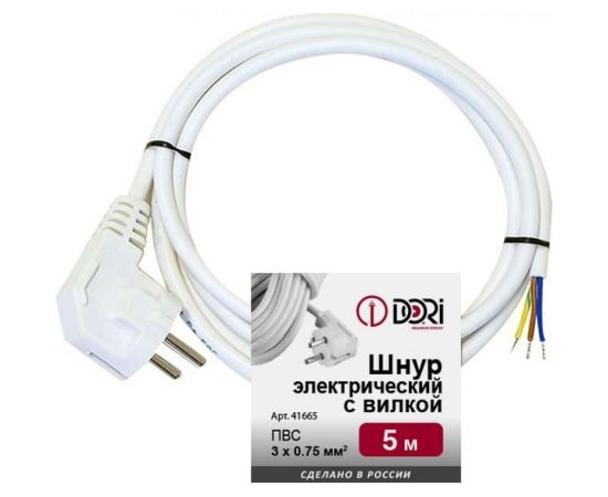 Шнур DORI ПВС 3х0,75 с вилкой 5,0 м белый 41665 