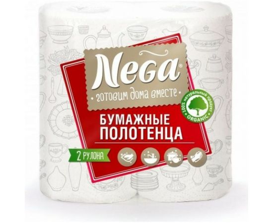 Бумажные бытовые полотенца NEGA спайка 2 шт. 2-х слойные белые 125316 