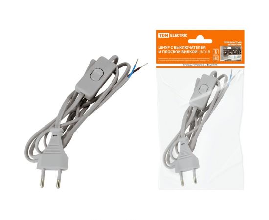 Шнур с выключателем и плоской вилкой TDM ШУ01В ШВВП 2х0,75мм2 2м. серебр. металлик SQ1305-0005 